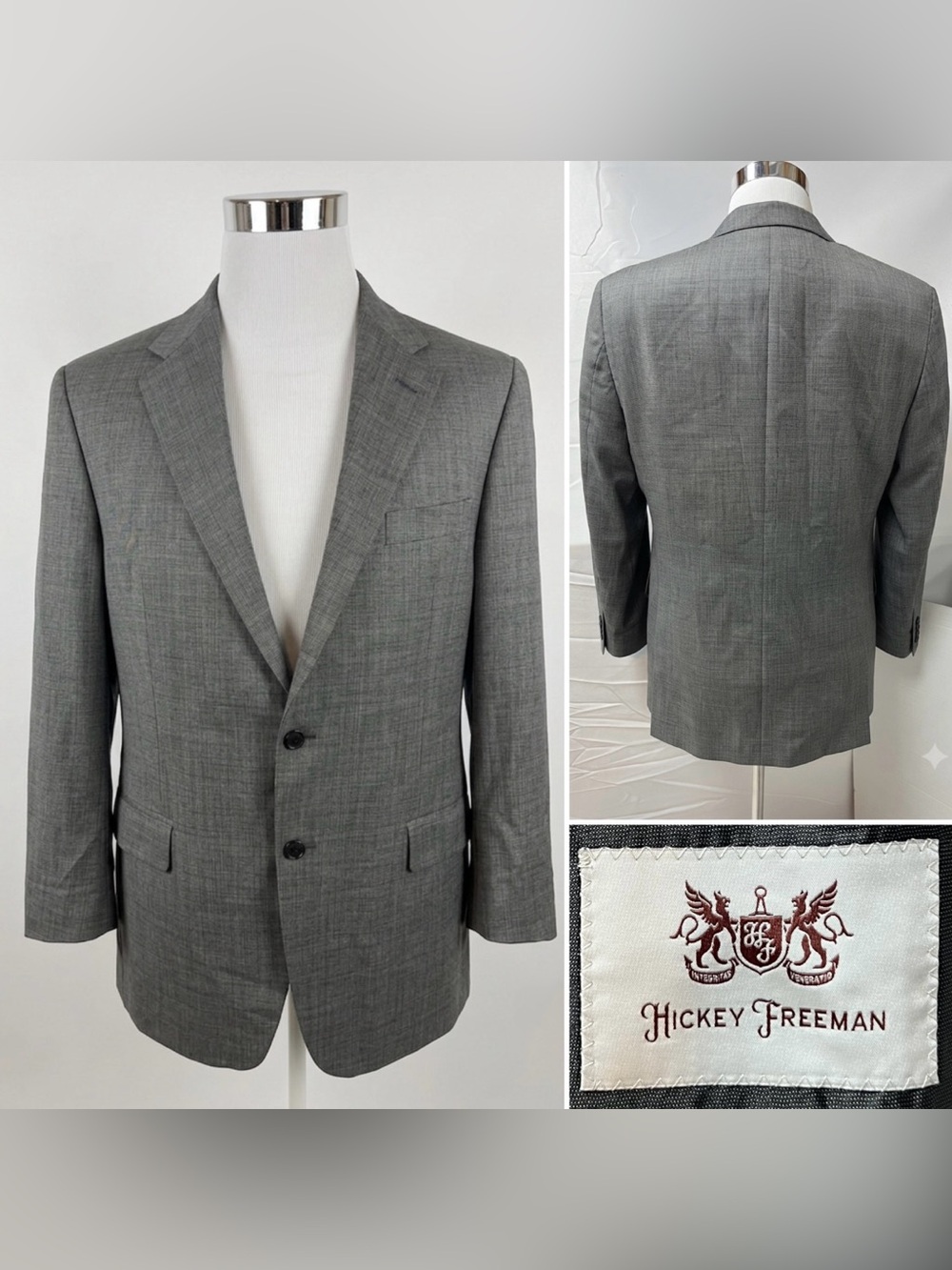 Hickey Freeman Men's 42R Gray Wool 2-Button Blazer Suit Jacket